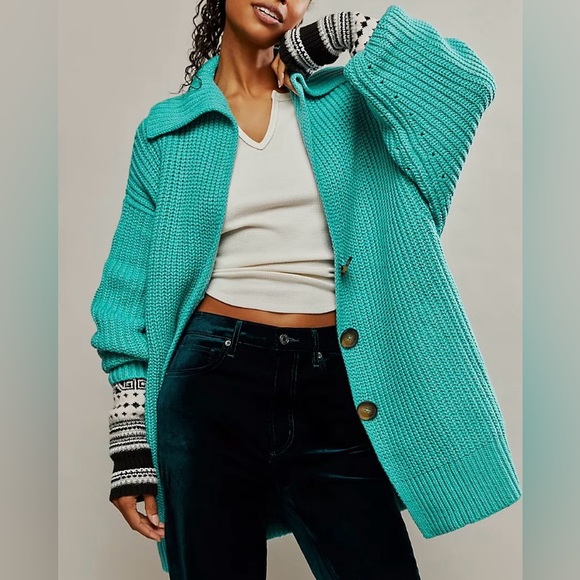 Free People Swim Too Deep Cardi Color Turquoise Size: XS - Picture 4 of 16